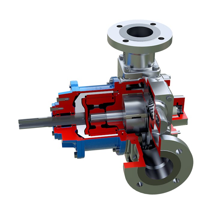 This cutaway reveals a closer look at the internal composition of the MAGNUS Series pump. Blackmer MAGNUS Series pumps have several features, which include the ability to dry run indefinitely, as well as handle cavitation.